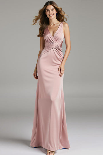 Robe longue de bal froncée en satin rose clair